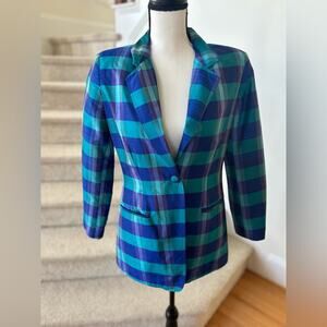 Vintage Stanley Blacker for Gantos Cobalt Blue Silk Madras Plaid Blazer